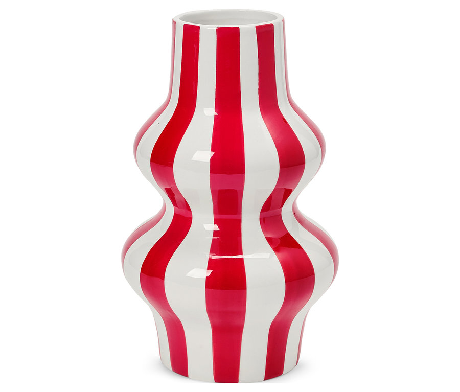 Gestreifte rot-weiße Vase mit bauchiger Form.