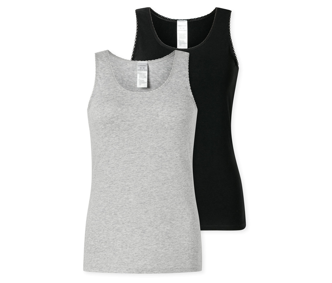 Zwei SCHIESSER Tops, eins grau und eins schwarz, liegen übereinander. Beide haben dünne Träger und einen Spitzenrand.
