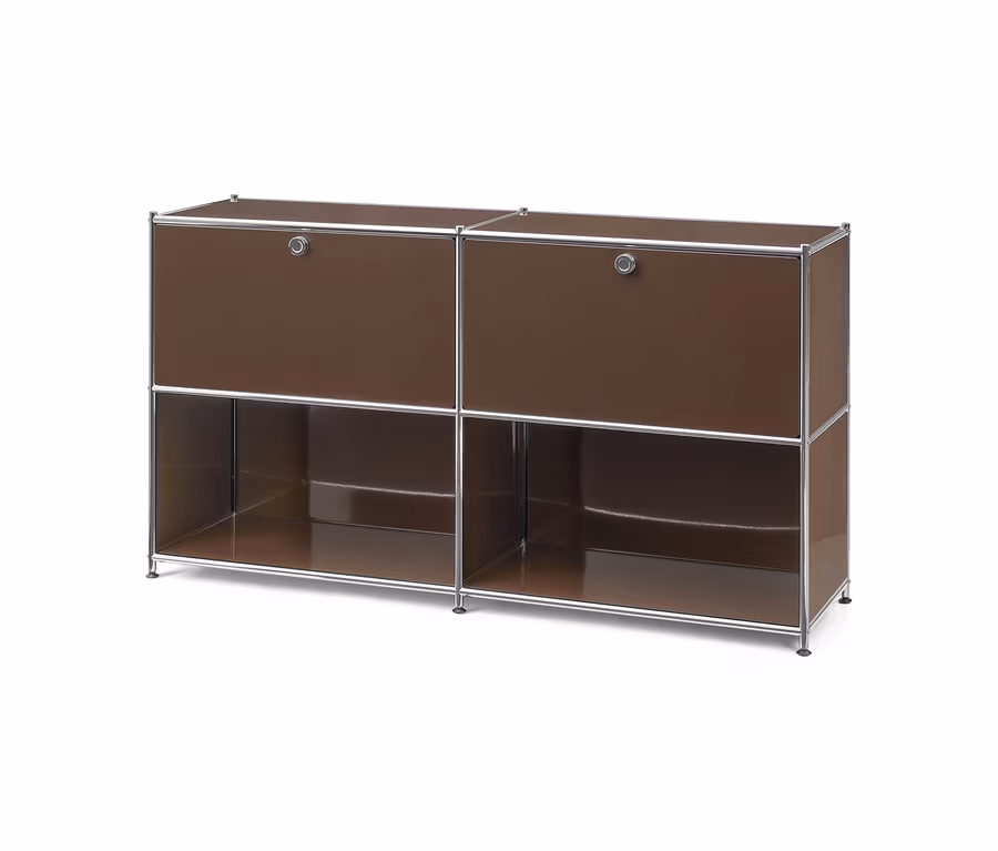 Braunes Metall-Sideboard »CN3« mit zwei versetzbaren Klappenfächern und zwei offenen Regalböden.