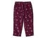 Bordeauxfarbene Cordhose mit elastischem Bund, verstreutem hellrosa Blumenmuster, seitlichen Eingrifftaschen und aufgesetzten Oberschenkeltaschen.