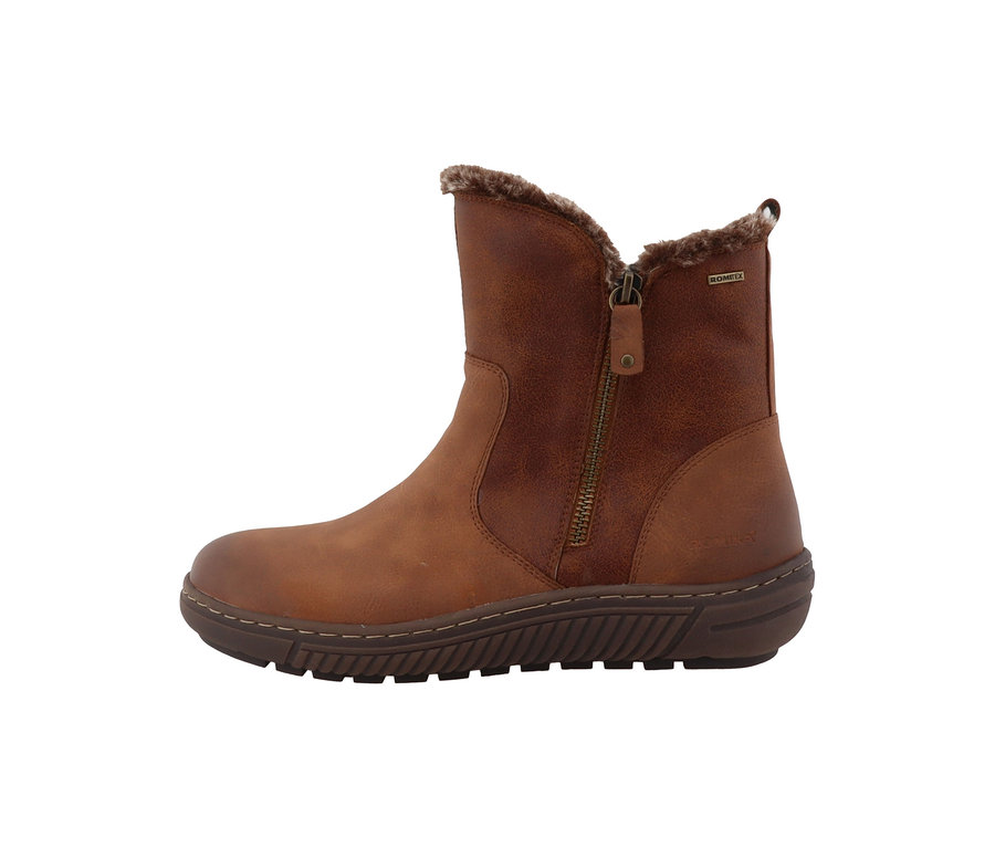 Braune Romika Stiefelette mit seitlichem Reißverschluss und pelzgefüttertem Schaft.