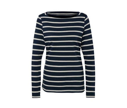 Blau-weiß gestreiftes Langarmshirt.