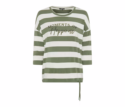 Weiß-olivgrünes gestreiftes T-Shirt mit 3/4-Ärmeln, Aufschrift "MOMENTS OF Happiness" und Kordelzug am Saum.