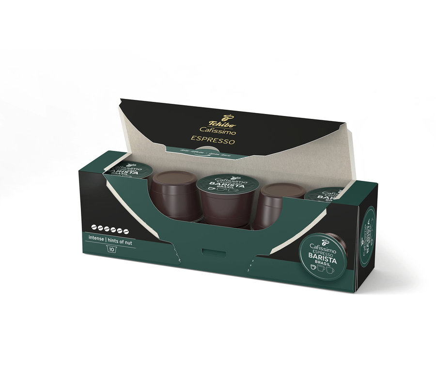 Eine geöffnete Packung Cafissimo Barista Espresso Brasil - 10 Kapseln und Cafissimo Barista Espresso Brasil - 80 Kapseln sind sichtbar.