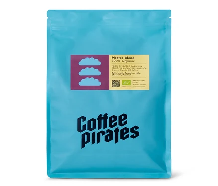 Blaue Packung Coffee Pirates - Pirates Blend Bio Espresso - 1 kg Ganze Bohne.
