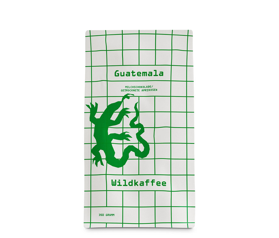 Verpackung Wildkaffee - Guatemala San Lorenzo Omni-Roast - 350 g Ganze Bohne mit grünem Reptilienmuster auf weißem Hintergrund.