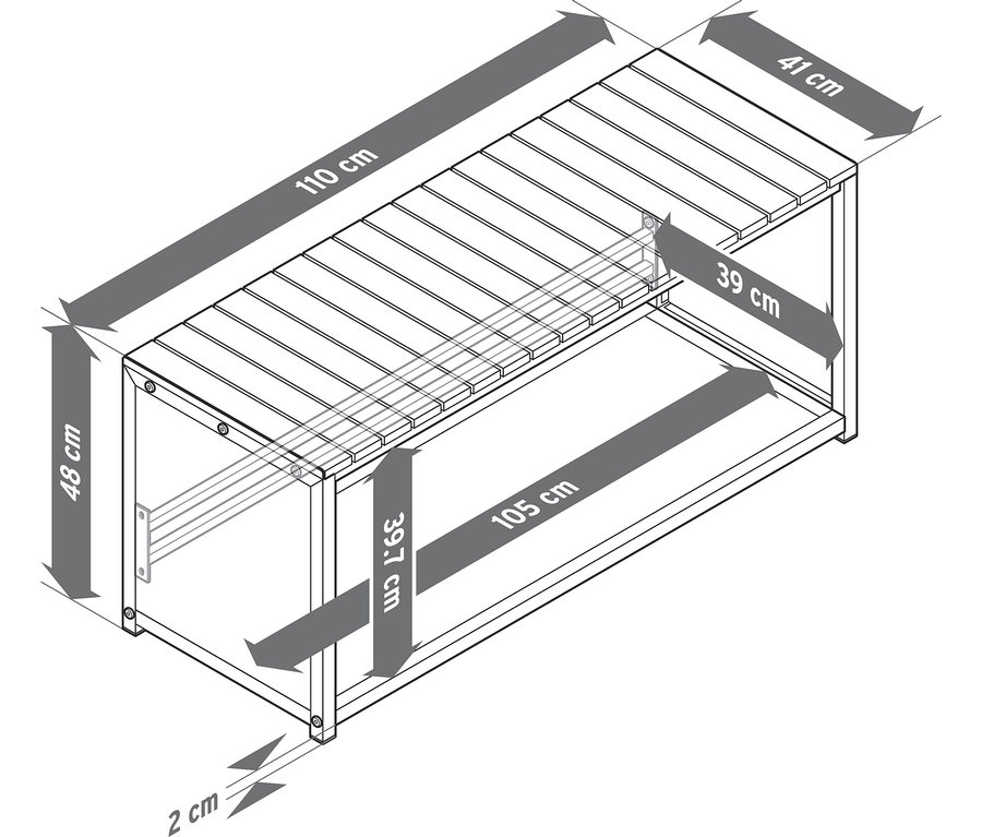 Technische Zeichnung einer Kaminholzbank, 110 cm, mit den Maßen 110 cm Länge, 48 cm Höhe und 41 cm Tiefe. Der Stauraum ist 105 cm lang, 39,7 cm hoch und 39 cm tief.