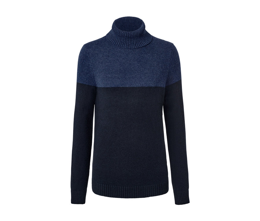 Zweifarbiger Rollkragen-Pullover in Blautönen.