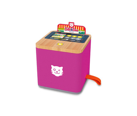 Lila tigerbox TOUCH mit Holzoberseite und Display.