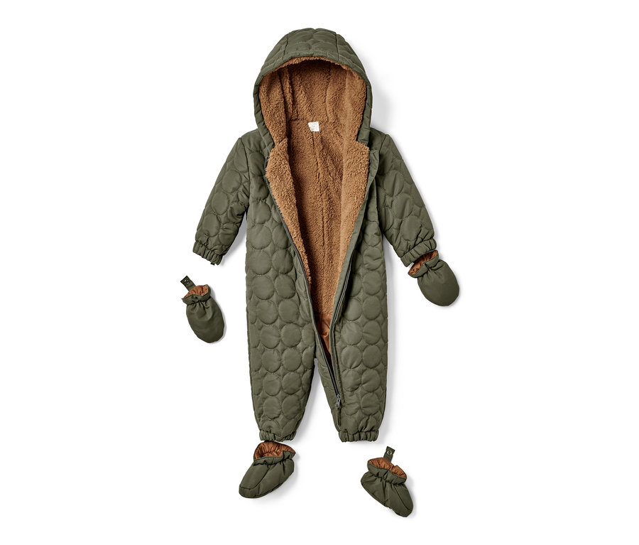 Baby-Winteroverall in Olivgrün mit Kapuze, Handschuhen und Füßlingen.