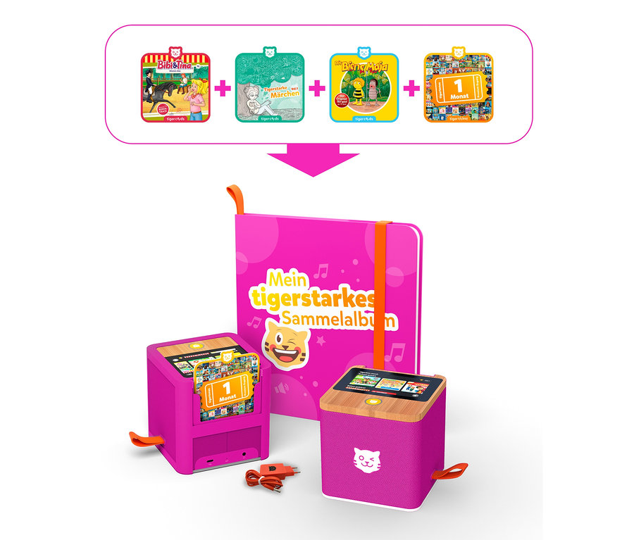 Lila »tigerbox TOUCH« Paket mit Alben und Ladegerät.