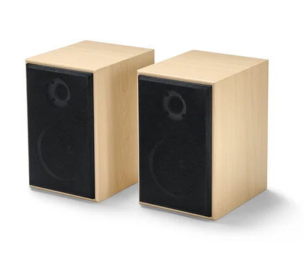 Zwei Stereo Regallautsprecher mit Bluetooth® in Holzausführung und schwarzer Gitterabdeckung auf weißem Hintergrund.
