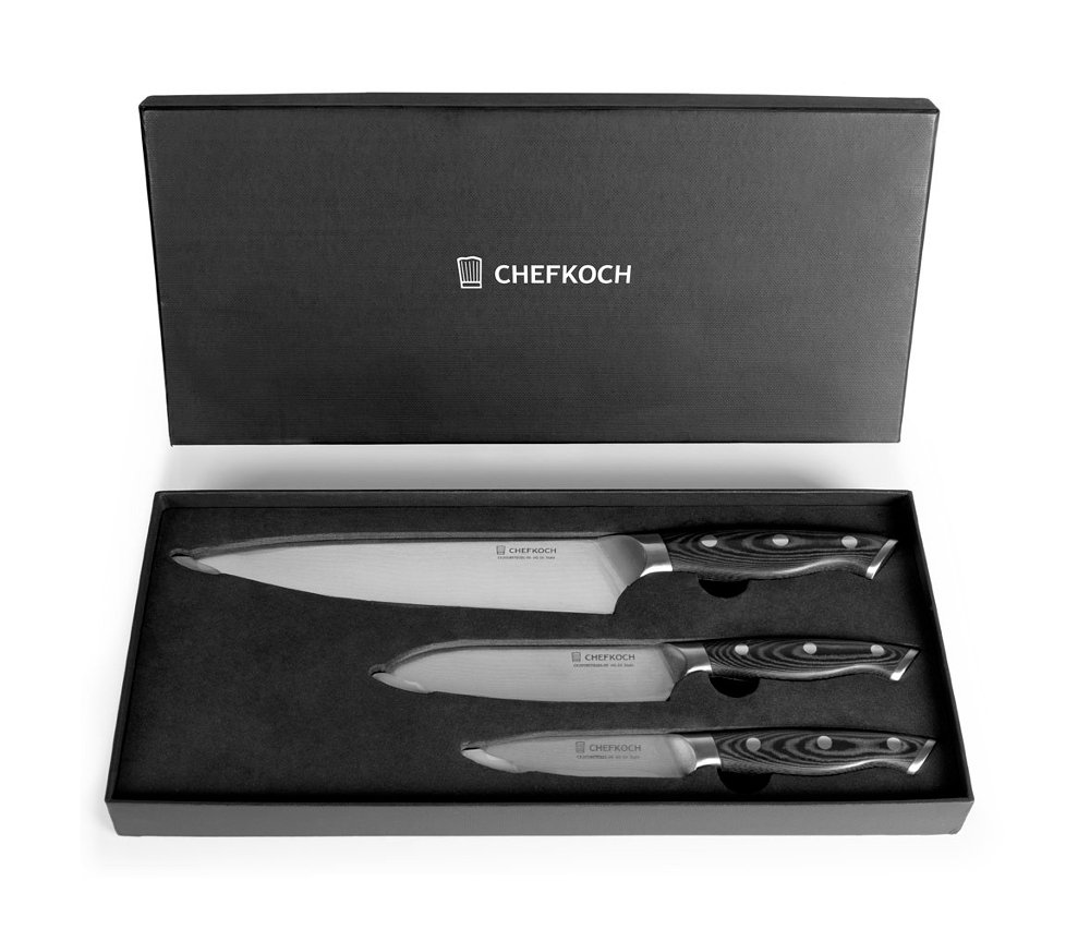 Schwarzes Gehäuse mit Chefkoch-Damaszener-Messer, 3er-Set.