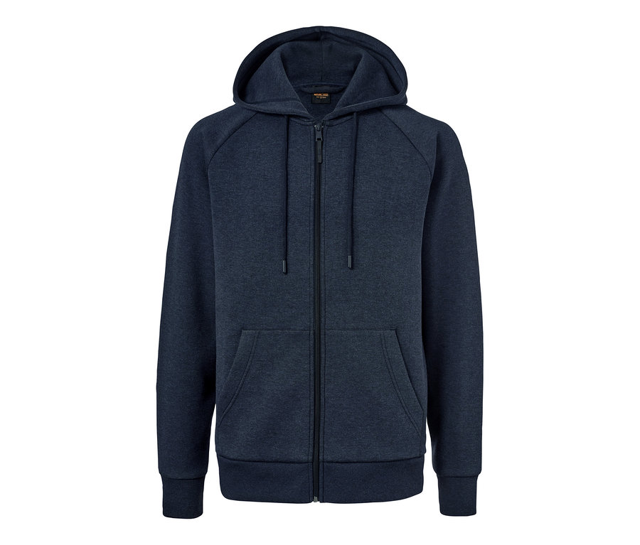 Dunkelblaue Funktions-Sweatjacke mit Kapuze und Reißverschluss in der Mitte.