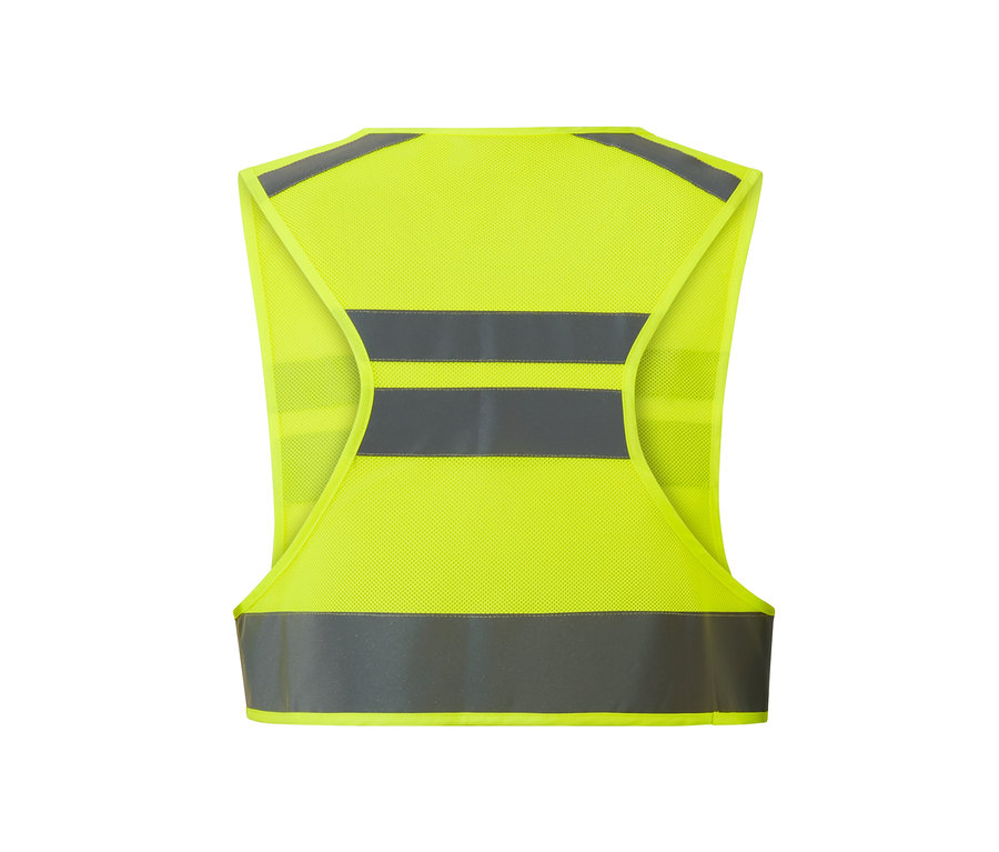 Rückansicht einer Reflektor-Weste mit silbernen Reflexstreifen.