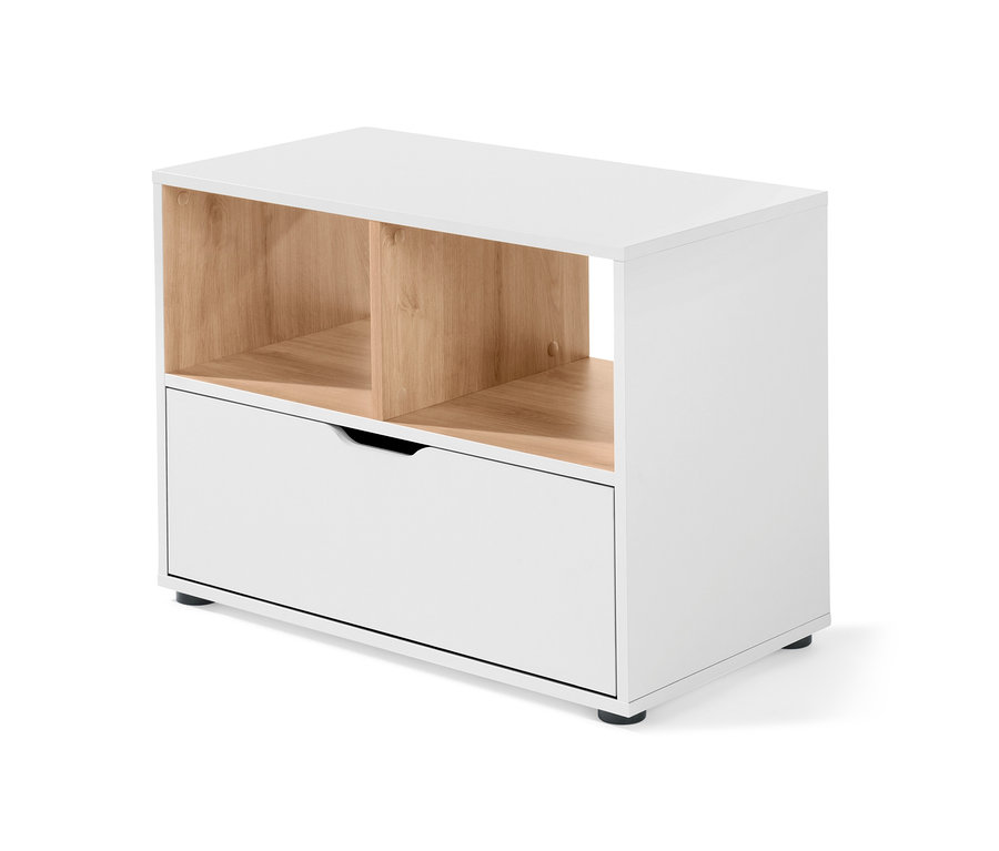 Weißes Sideboard mit Schublade und Holzregalen.