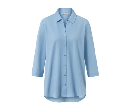 Hellblaue Piqué-Jerseybluse mit Dreiviertelärmeln.