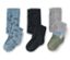 Drei Paar Baby-Strumpfhosen: blau mit Dinosauriern, schwarz und grau mit Dinosaurier-Motiv.