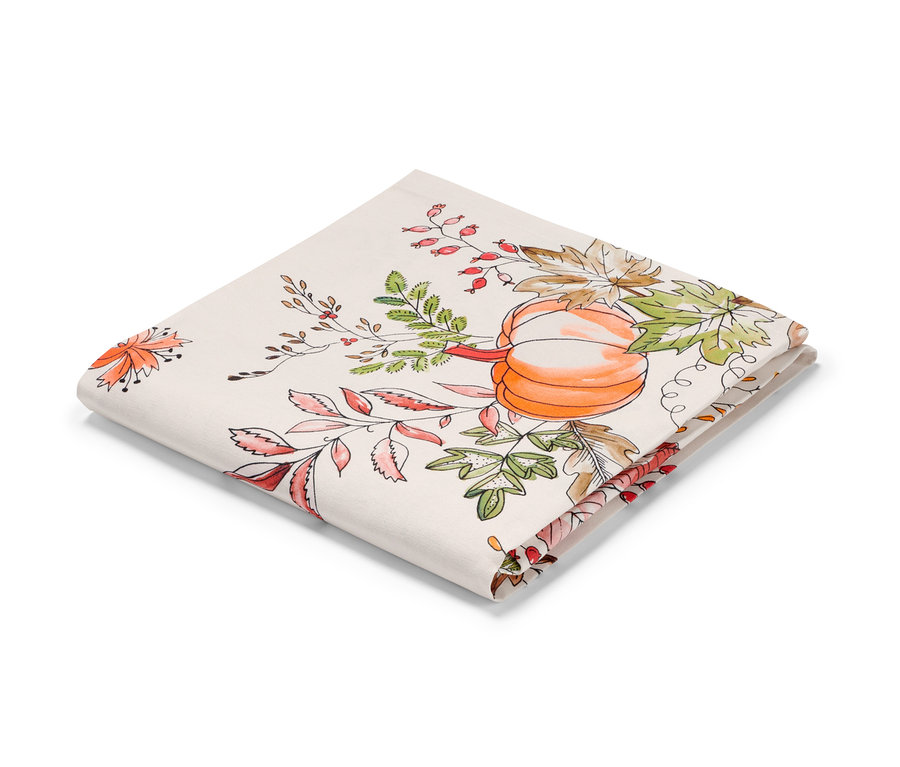 Zusammengelegte Tischdecke, ca. 90 x 90 cm, mit Kürbis- und Blättermotiv.