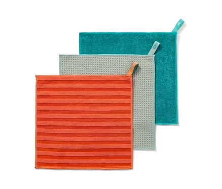 Reinigungstuch-Set: orange, grau und türkis.