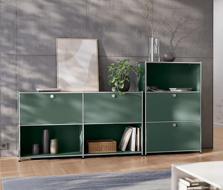 Olivgrüne Kommode Metall »CN3« mit zwei Klappenfächern und Sideboard Metall »CN3« mit 2 versetzbaren Klappenfächern.