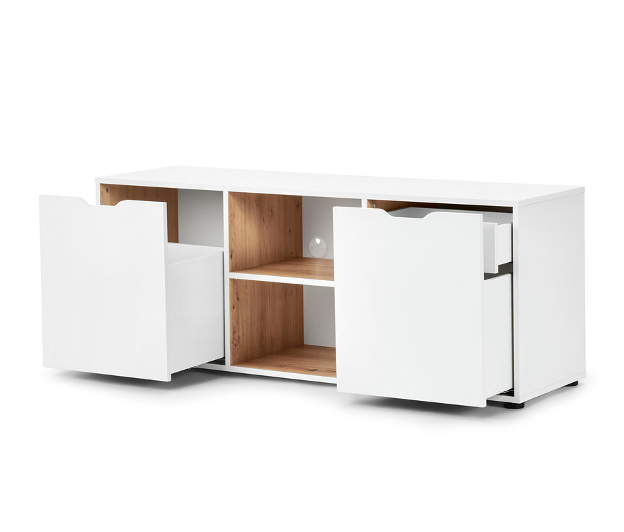 Weißes Sideboard mit Schubladen und Türen, teils geöffnet.