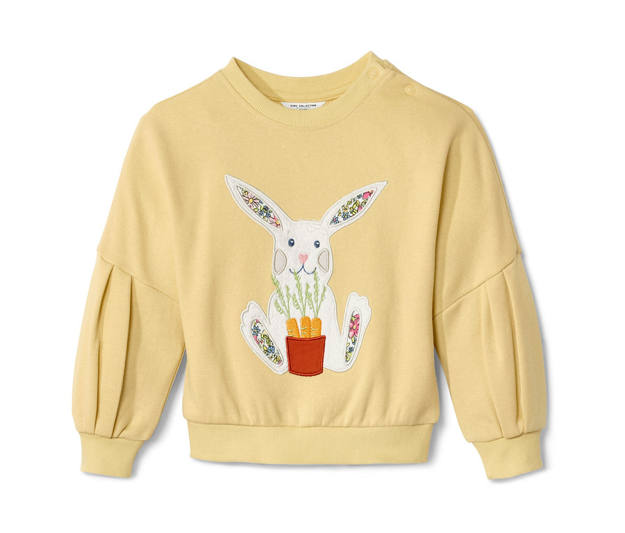 Gelbes Kleinkind-Sweatshirt mit Applikation eines Hasen, der einen Topf mit Karotten hält.
