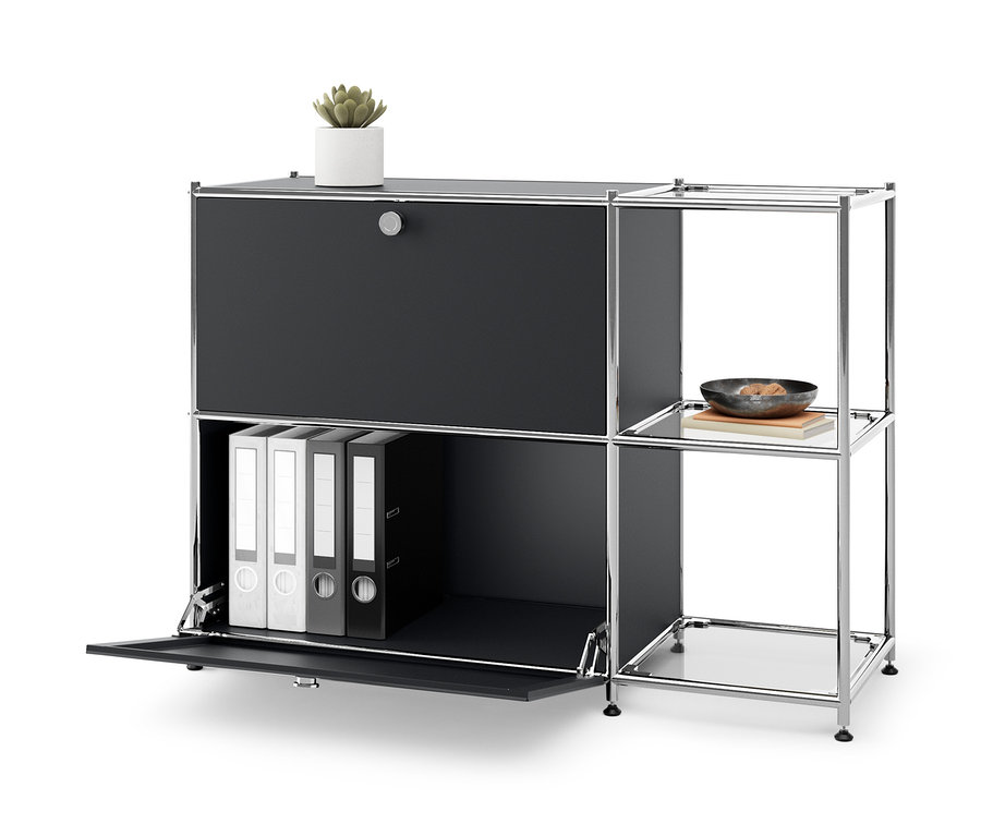 Schwarzes Sideboard Metall »CN3« mit 2 Klappenfächern, einer Pflanze oben drauf und Ordnern innen.