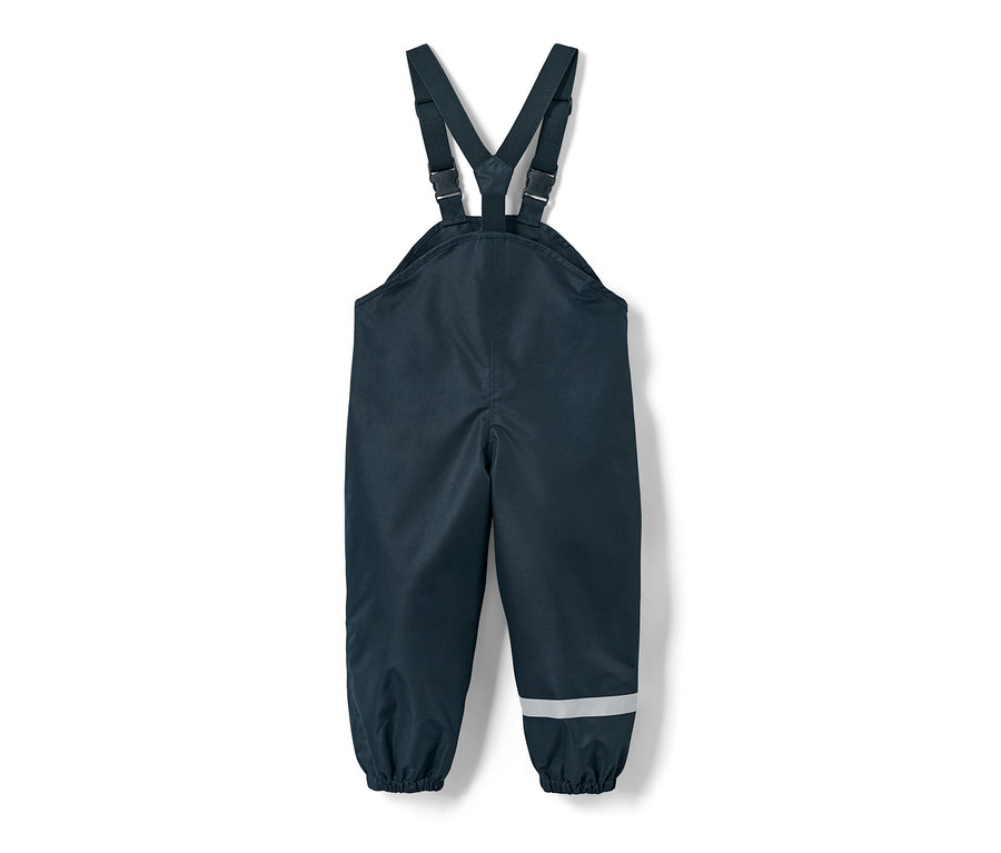 Dunkelblaue Kinder-Regenhose mit Latz und Reflexstreifen am Bein.