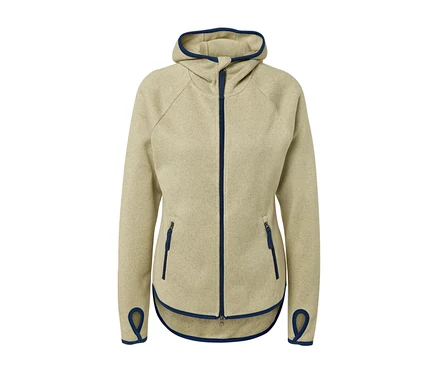 Gelbe Strickfleece-Jacke mit Kapuze und blauen Reißverschlüssen.