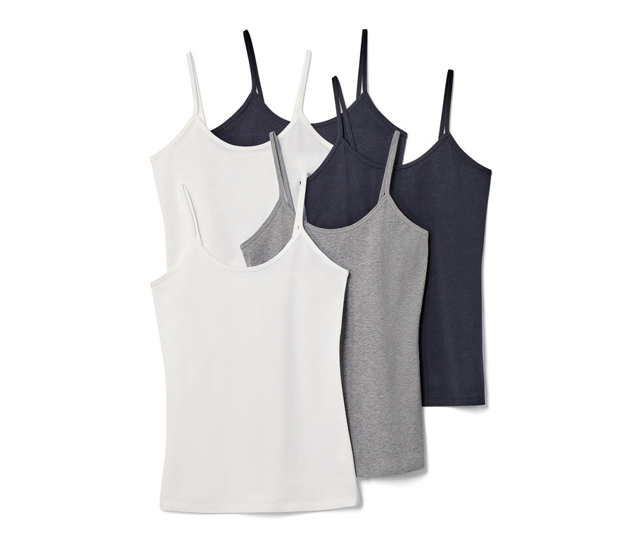 Fünf Spaghetti-Hemdchen in Weiß, Schwarz und Grau.