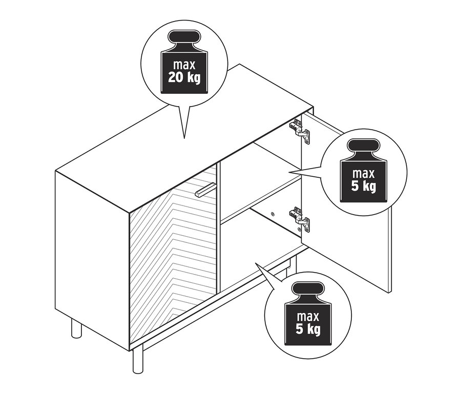 Schwarz-weiße Illustration eines Sideboards aus Eschenholz mit dekorativen Türfronten, mit geöffneter Tür und Beschriftung zur maximalen Belastbarkeit.