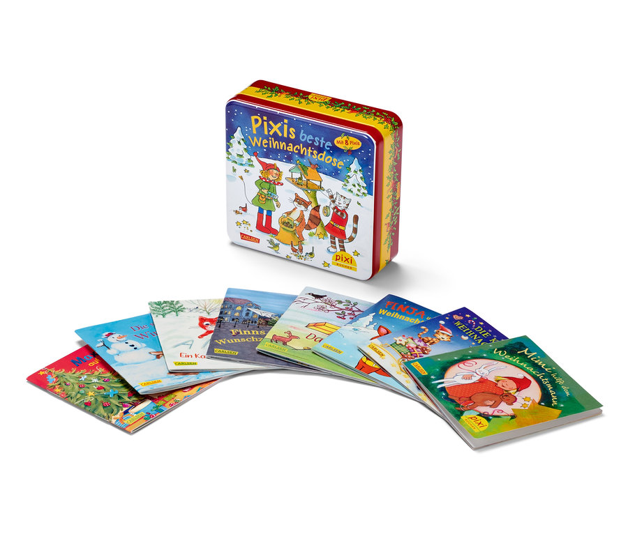 Eine Bücherbox: »Pixis beste Weihnachtsdose« und darunter aufgefächerte Pixi-Bücher.