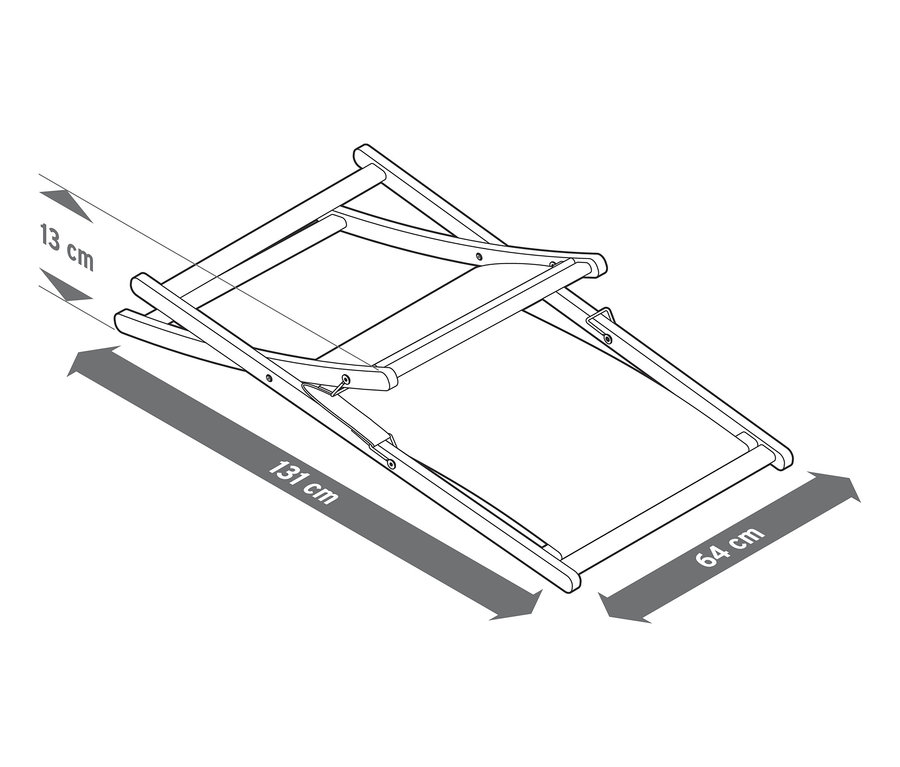 Illustration eines faltbaren Relax-Sessels mit den Maßen 131 cm Länge und 64 cm Breite.