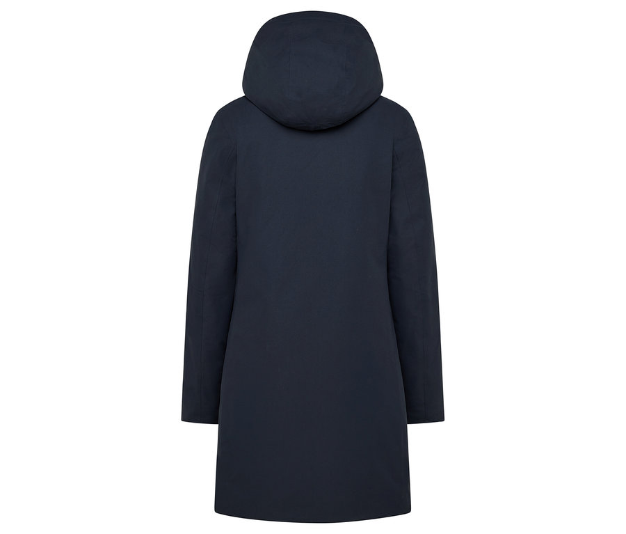 Rückansicht eines dunkelblauen Mantels mit Kapuze.