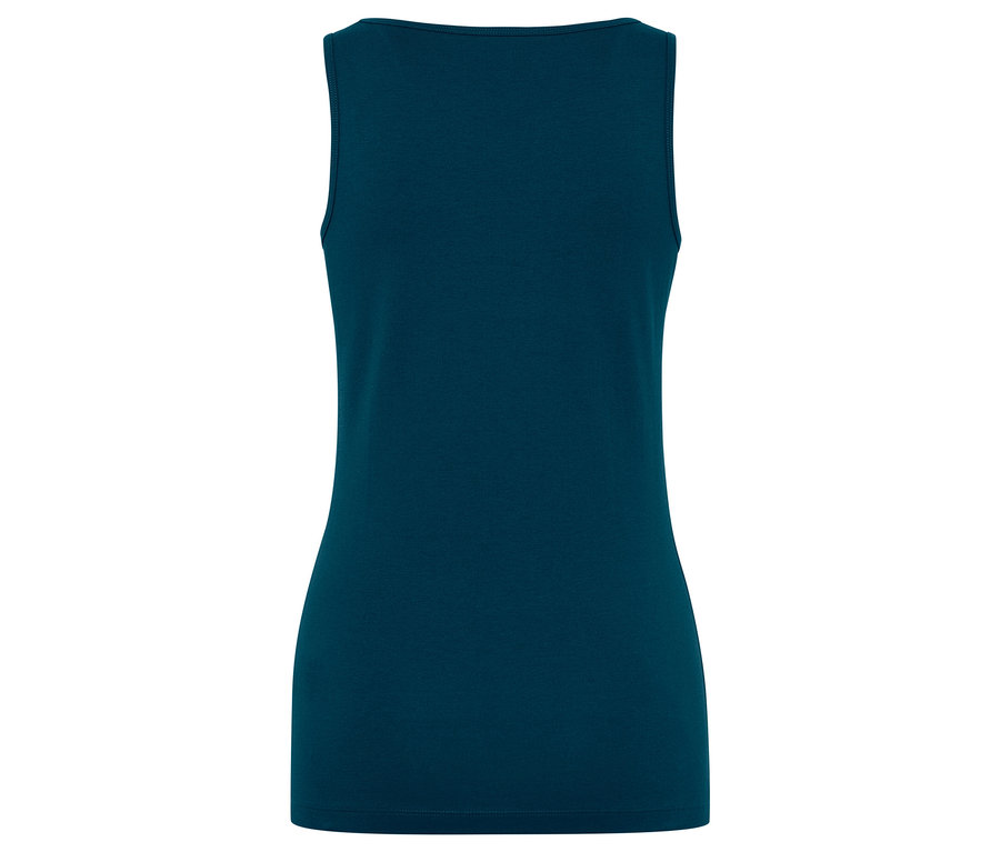 Dunkelblaues Tanktop mit eckigem Ausschnitt, Rückansicht.