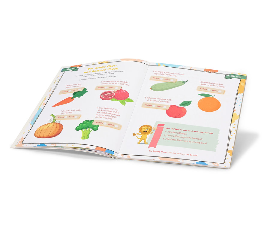 Ein offenes Buch mit Illustrationen von Obst und Gemüse und Text auf Deutsch.