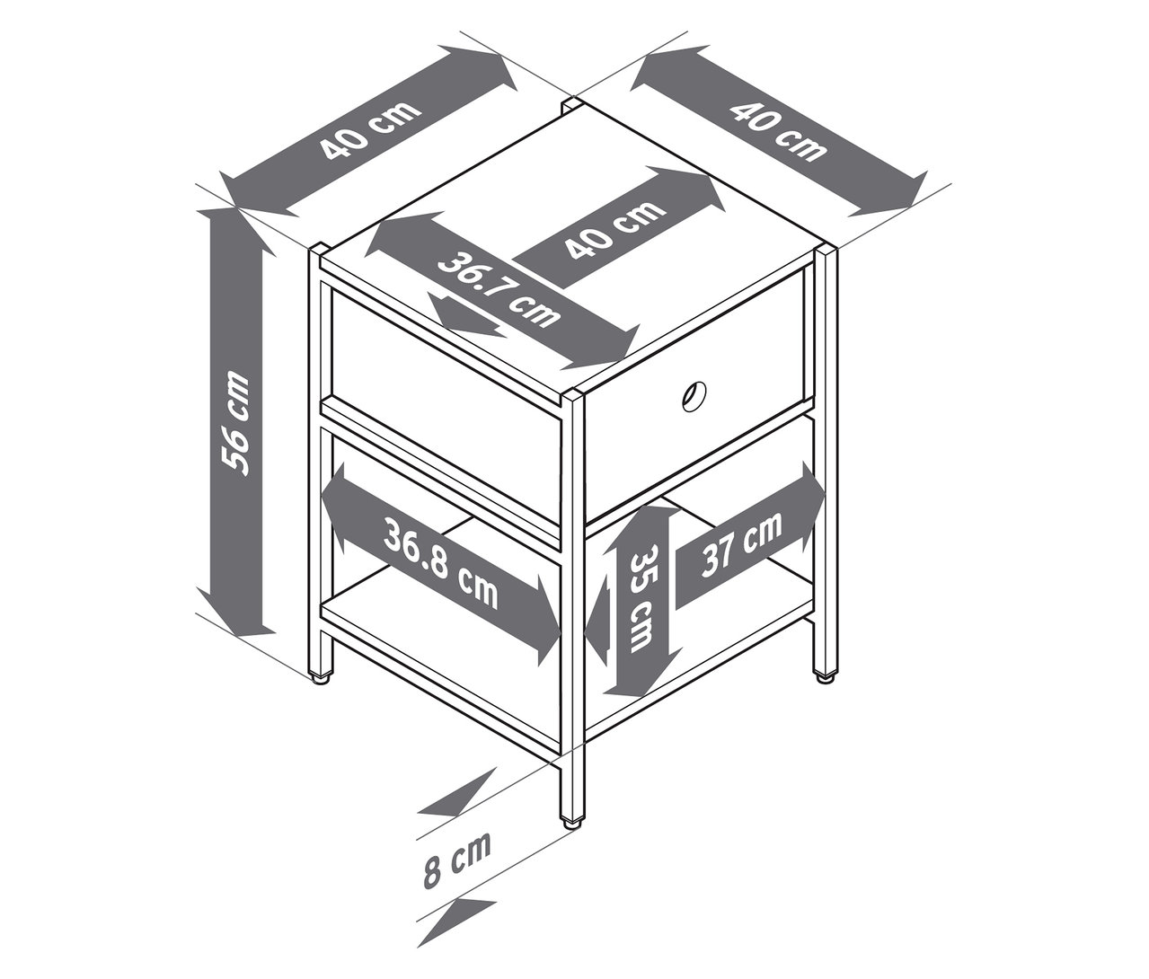 Eine Skizze eines Nachttisches »KLAAR« mit Schublade und einem offenen Regal, mit hervorgehobenen Abmessungen.