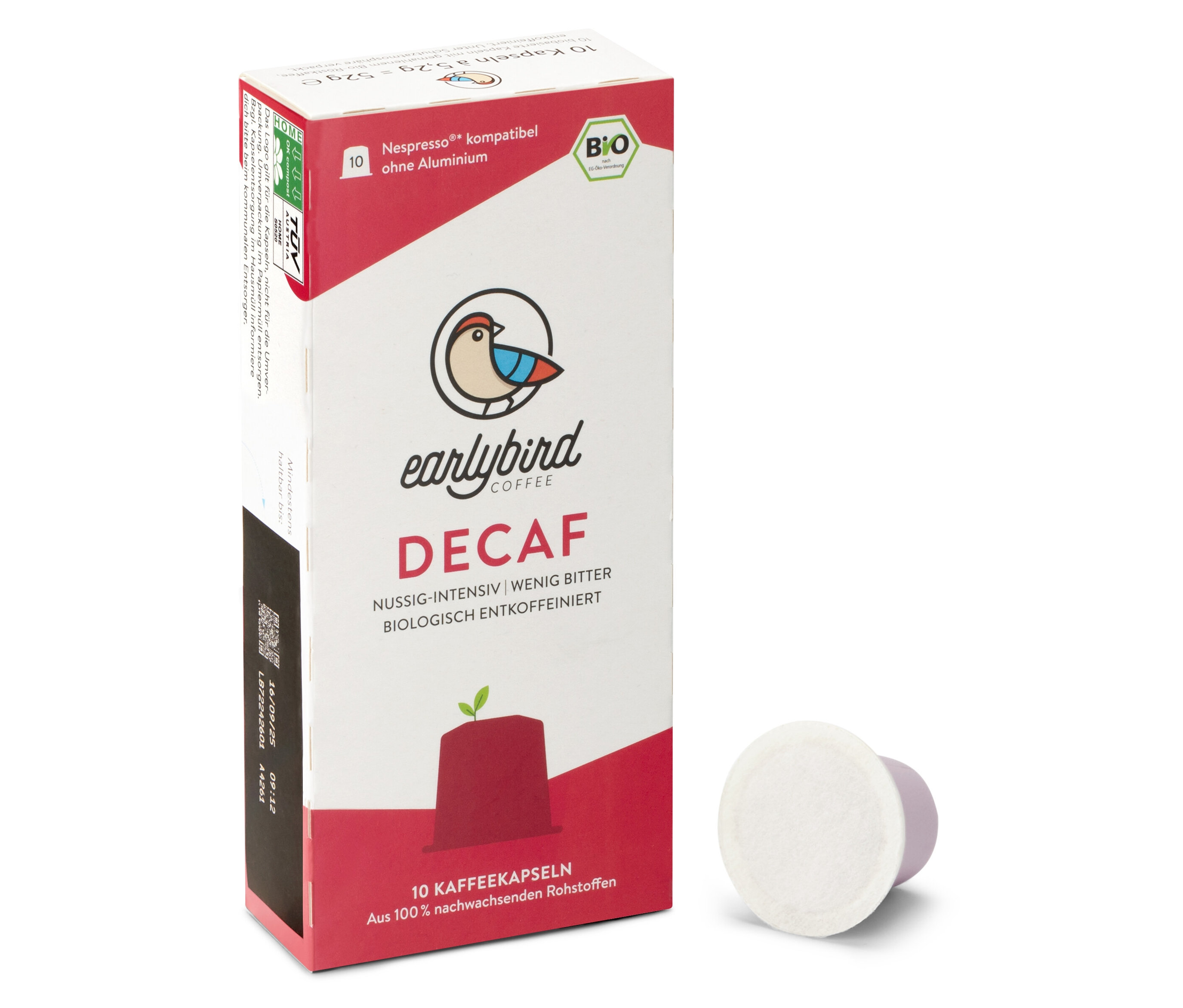 Eine Packung earlybird Bio Decaf, entkoffeiniert - 10 Kapseln. Nespresso-kompatible Kapseln ohne Aluminium.