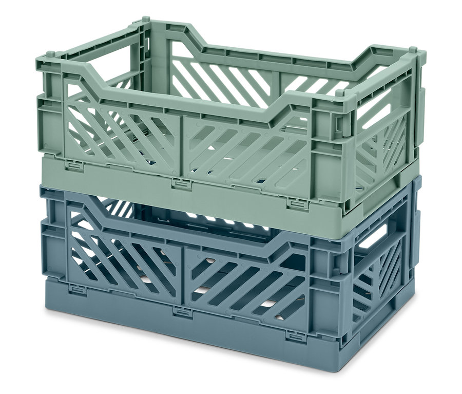 Stapel aus zwei faltbaren Kunststoffkisten, eine hellgrün und eine blau.