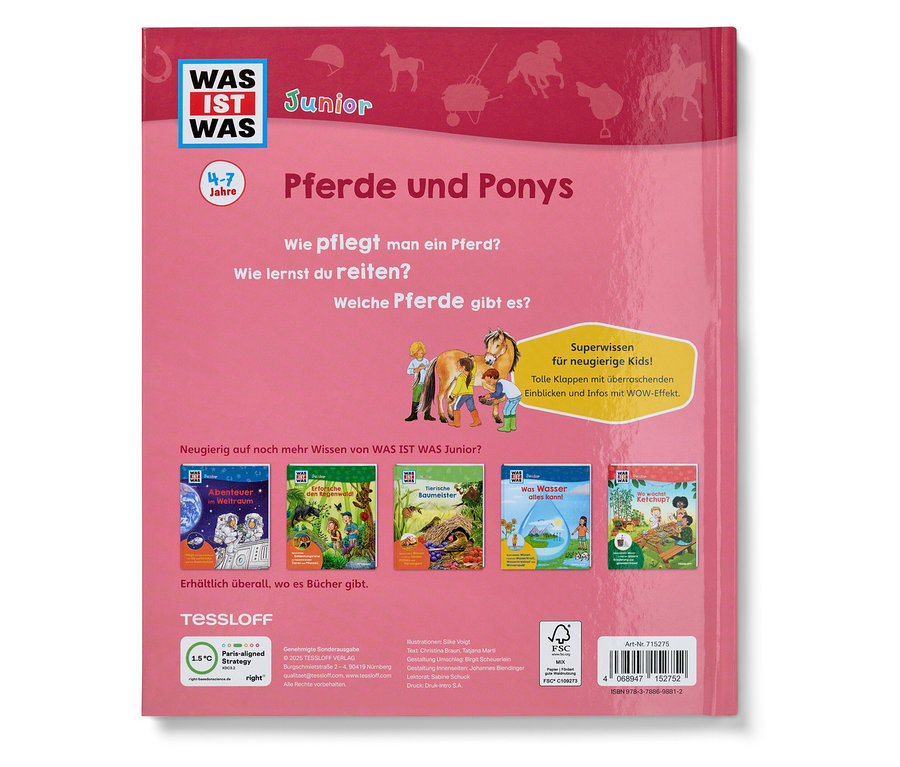 Rückseite des Buches "WAS IST WAS Junior Pferde und Ponys" für Kinder von 4-7 Jahren. Auf dem Cover sind Bilder von Pferden und Kindern.