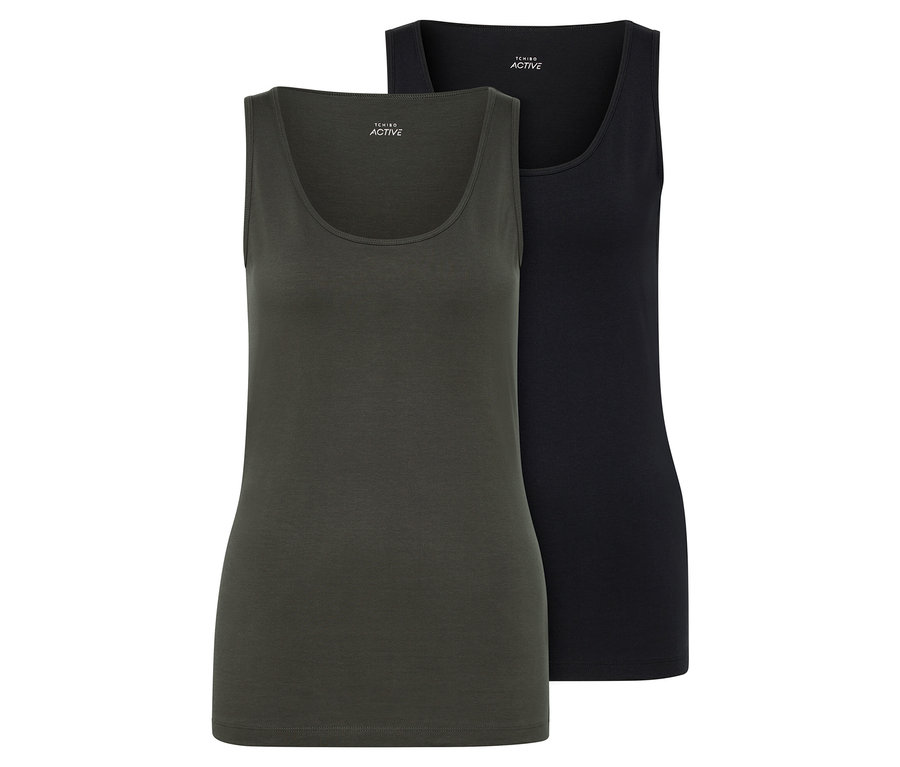 Zwei Tops, olivgrün und schwarz.