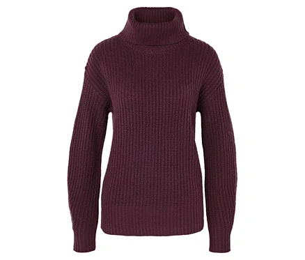 Ein burgunderfarbener Rollkragenpullover auf weißem Hintergrund.