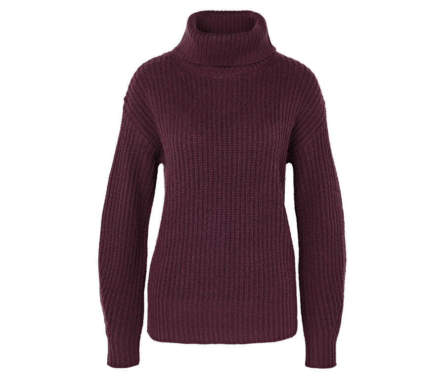 Ein burgunderfarbener Rollkragenpullover auf weißem Hintergrund.