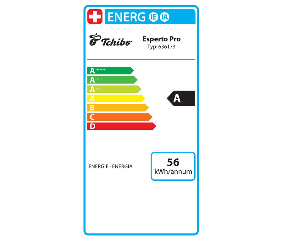 Energielabel für den anthrazitfarbenen Tchibo Kaffeevollautomaten »Esperto Pro« mit der Energieeffizienzklasse A und einem Jahresverbrauch von 56 kWh.