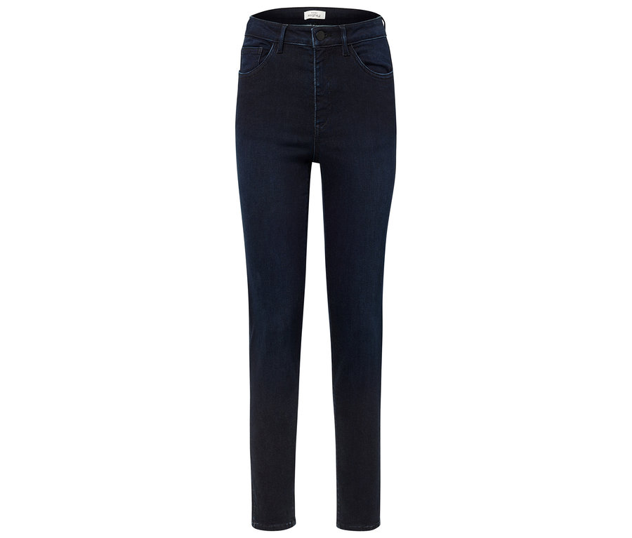 Dunkelblaue High-Waist Jeans.