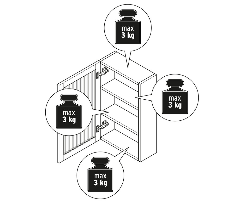 Wandschrank mit Riffelglastür mit einer maximalen Traglast von 3 kg pro Regalboden.
