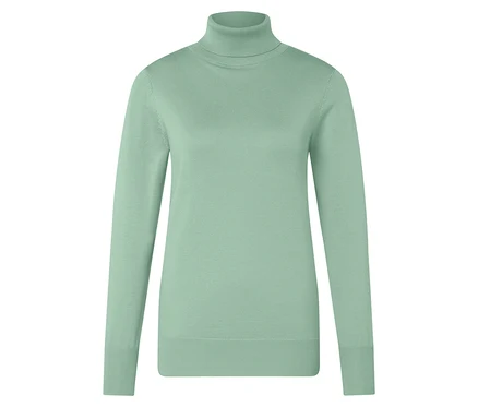 Hellgrüner Rollkragenpullover.