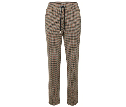 Braune Hose mit Hahnentrittmuster und Kordelzug.
