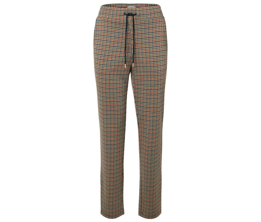 Braune Hose mit Hahnentrittmuster und Kordelzug.